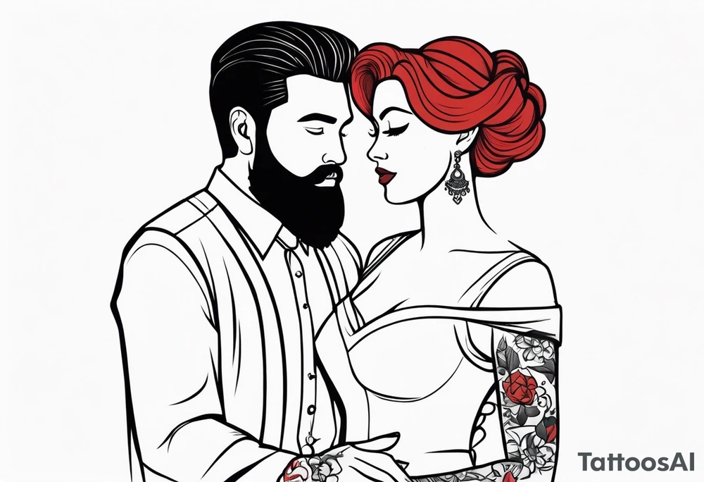 Busty red haired woman with a bearded man who has black hair getting married tattoo idea