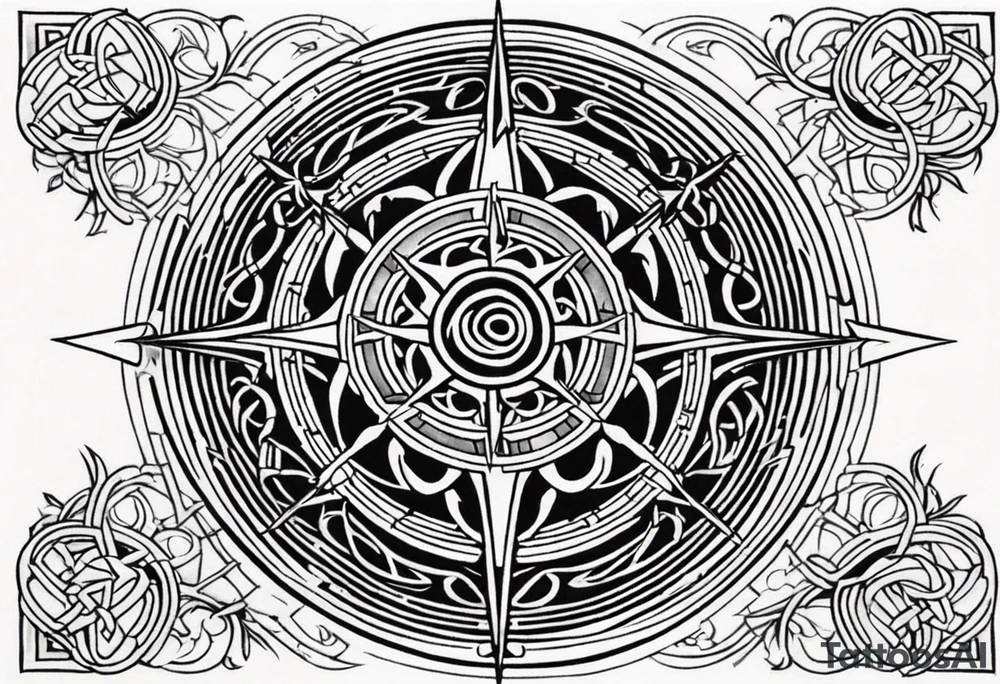 A rose compass with a labyrinth on the inside and to Celtic swords going through the center of the rose compass tattoo idea