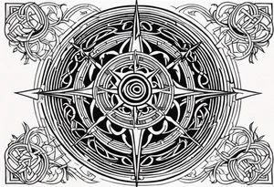 A rose compass with a labyrinth on the inside and to Celtic swords going through the center of the rose compass tattoo idea