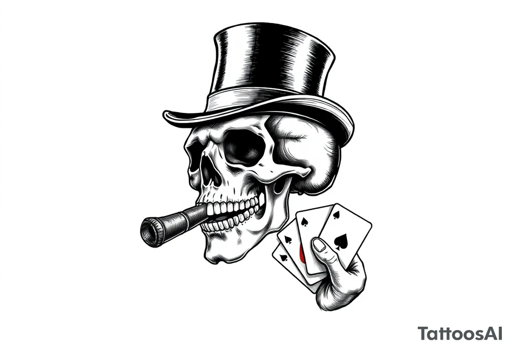 a skull with mustache, a big cigar in his mouth,top-hat on his head and playing cards in a hand. tattoo idea