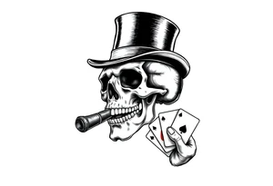 a skull with mustache, a big cigar in his mouth,top-hat on his head and playing cards in a hand. tattoo idea