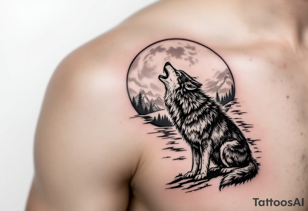 lone wolf howling at full moon with northern lights backdrop tattoo idea