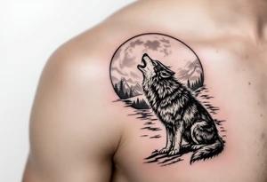 lone wolf howling at full moon with northern lights backdrop tattoo idea