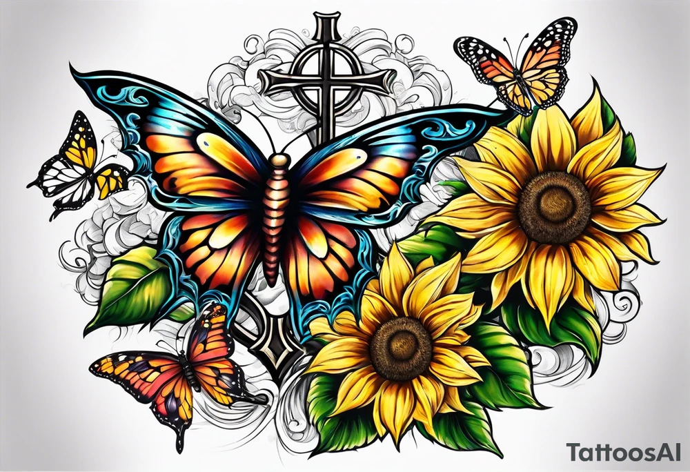 Winged cross with sunflower and butterflies tattoo idea