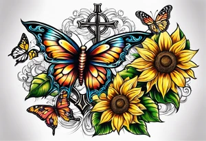 Winged cross with sunflower and butterflies tattoo idea
