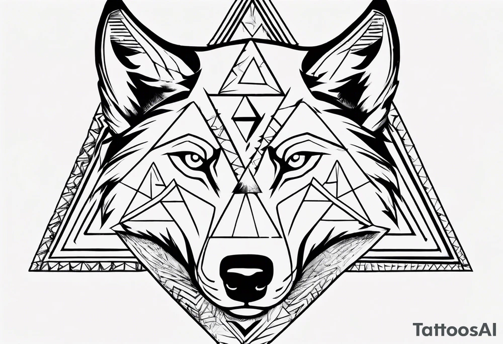 wolf head with triangle on the forehead and triangle in the background tattoo idea