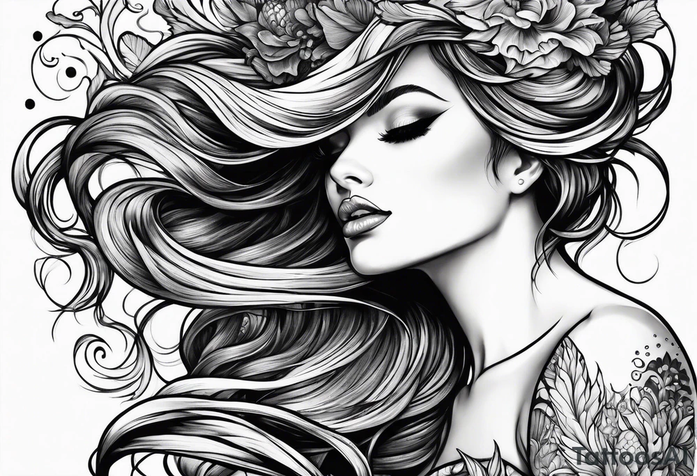 Wildly flowing mermaid hand in her hair tattoo idea