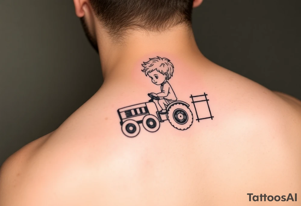 Realistic minimalist curly headed toddler son riding a toy tractor with a geometric frame tattoo idea