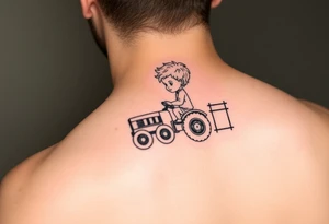 Realistic minimalist curly headed toddler son riding a toy tractor with a geometric frame tattoo idea