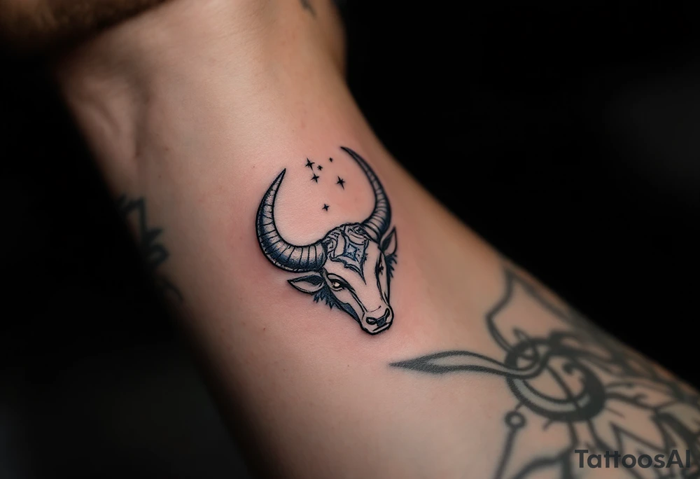In the indigo sky, the silver horns of Taurus reach toward its star constellation with earthy determination. tattoo idea