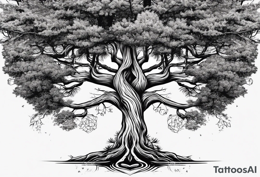 Pine tree amd upside down junper tree conected with roots which are forming an infinty sign tattoo idea