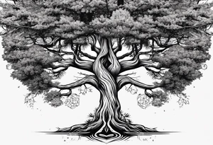 Pine tree amd upside down junper tree conected with roots which are forming an infinty sign tattoo idea