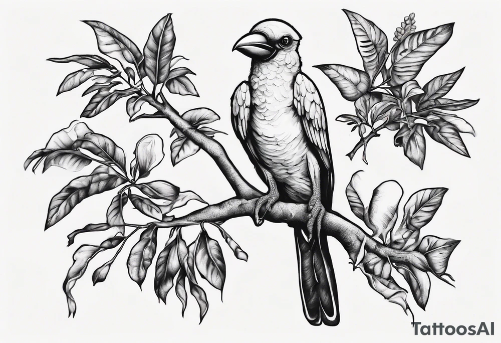 A vibrant Doctor Bird perched on a branch of ackee fruits, surrounded by lush tropical foliage. Below, the roots of a tree could form the shape of Jamaica's outline, with the initials of family members delicately incorporated into the branches or the trunk. tattoo idea