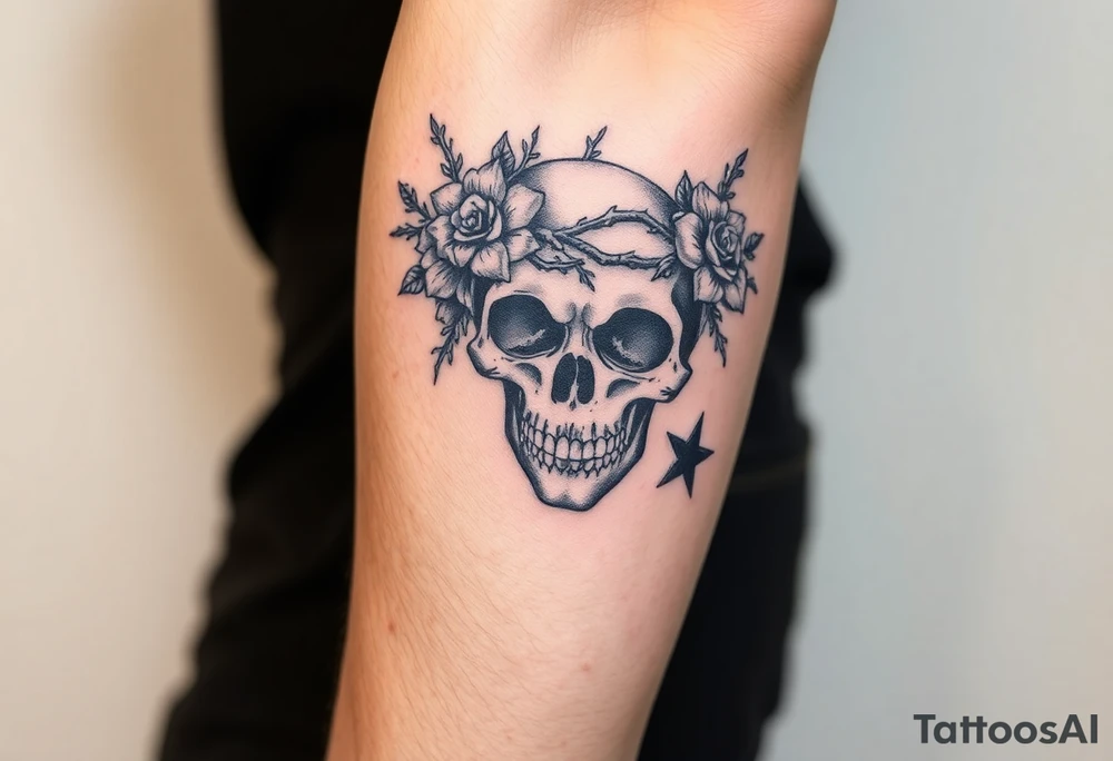 ornate skull adorned with crown of wild roses and thorns tattoo idea