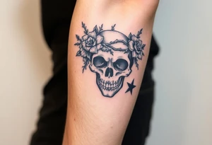 ornate skull adorned with crown of wild roses and thorns tattoo idea