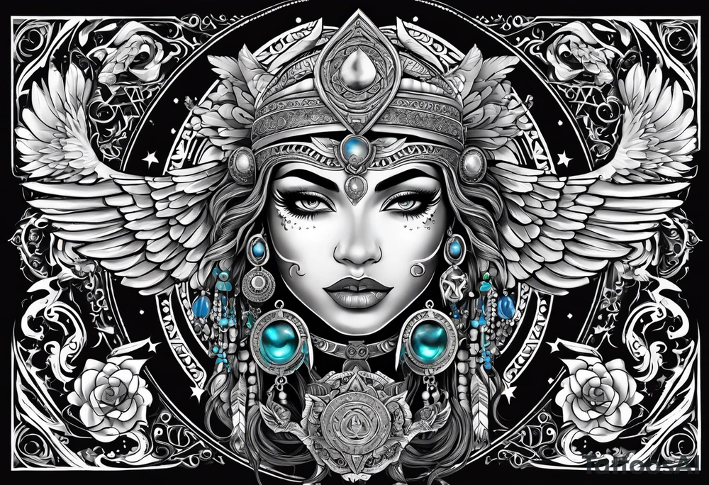 black kali, goddess pirate, alien, angel, pachamama, valkrye, warrior, flying, skull, lotus azul, wing, eagle, zenza resonance, stars, 5D, anahata chakra tattoo idea