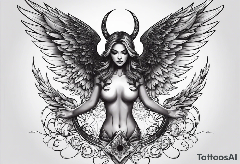 half angel half demon body with wings open tattoo idea