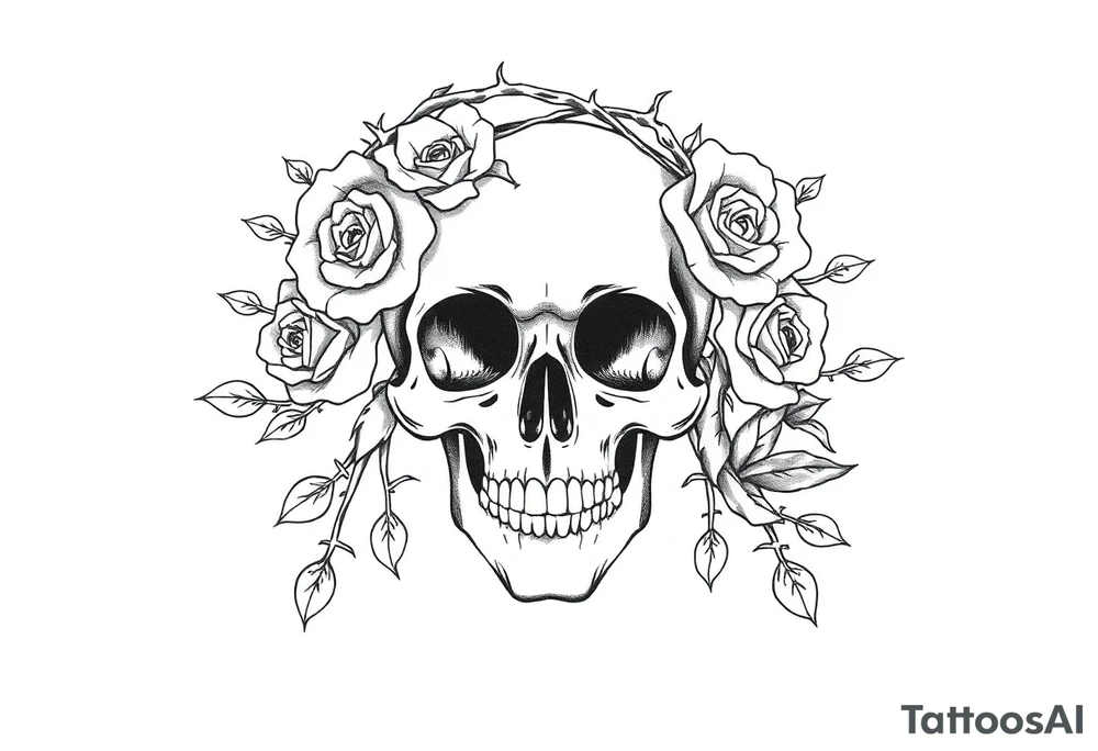 ornate skull adorned with crown of wild roses and thorns tattoo idea