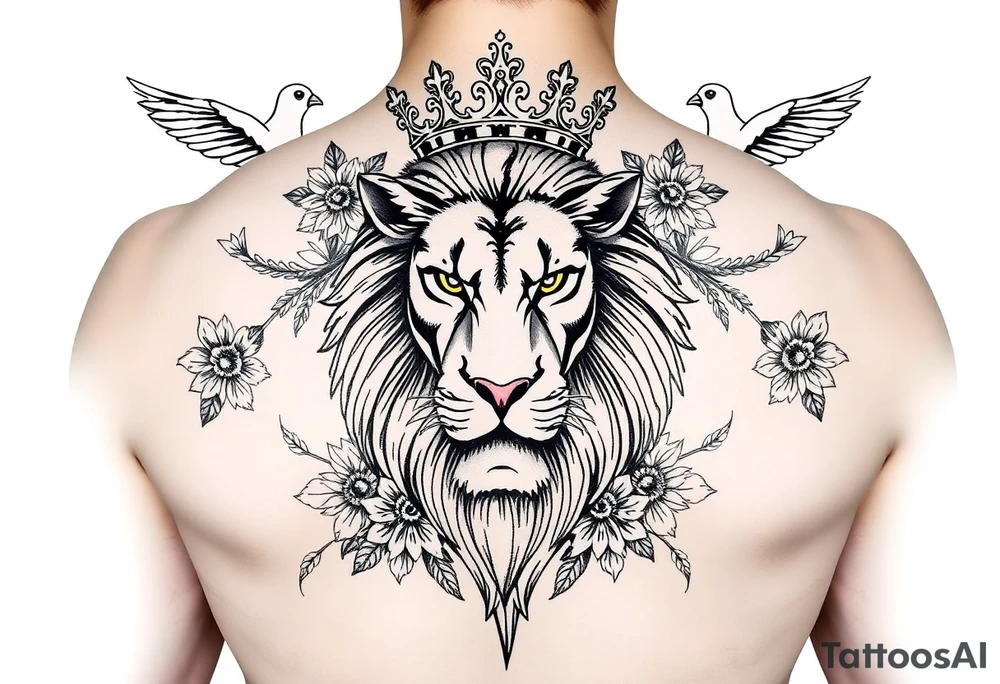 powerful majestic lion with a crown, surrounded by floral ornaments and birds tattoo idea