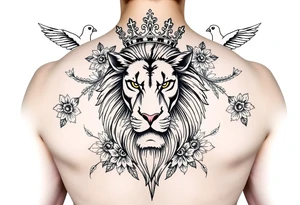 powerful majestic lion with a crown, surrounded by floral ornaments and birds tattoo idea