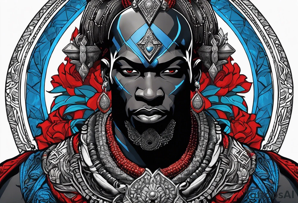 Black-skinned bald african god of war. He has a silver crown. He wears two simple necklaces: one blue, other red. Looking front tattoo idea