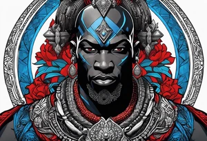 Black-skinned bald african god of war. He has a silver crown. He wears two simple necklaces: one blue, other red. Looking front tattoo idea