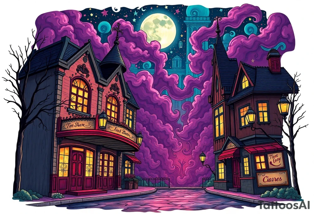 Tim Burton’s old victorian theatre from outside view is the street abandoned and dripping with muted reds, dusty pinks, and eerie green glow purple and cyan smokey clouds swirl and dance in the moonlit night sky filled with twinkling stars  tattoo idea tattoo idea