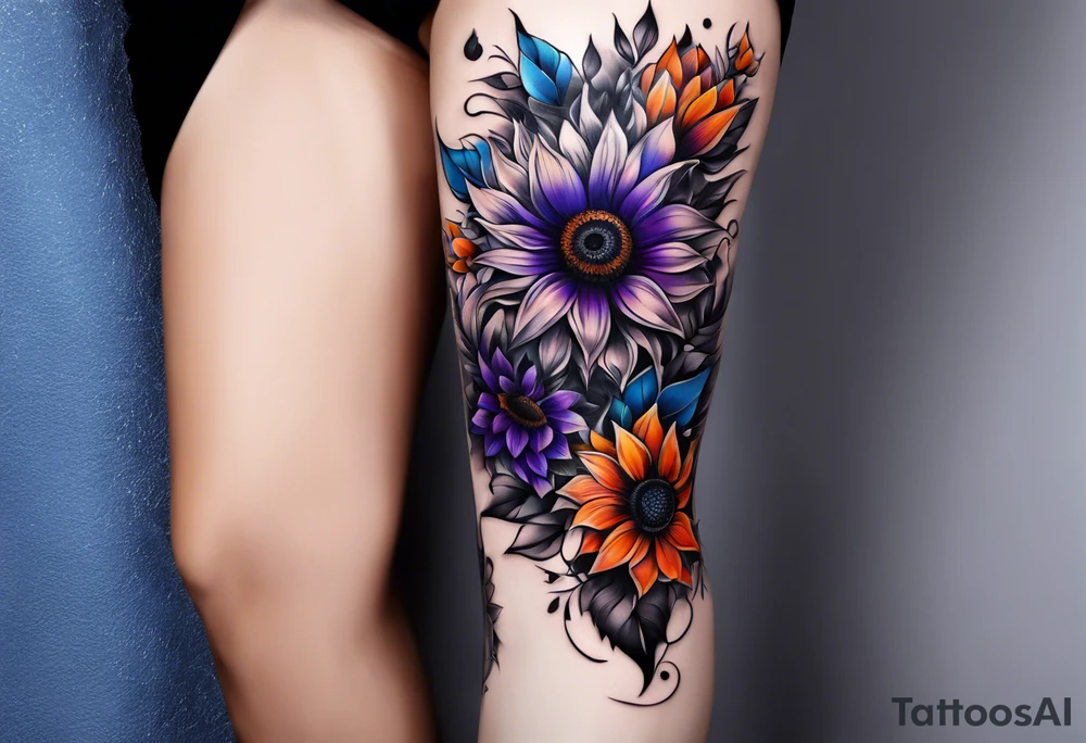 Full leg sleeve with purple, orange and blue sunflowers tattoo idea