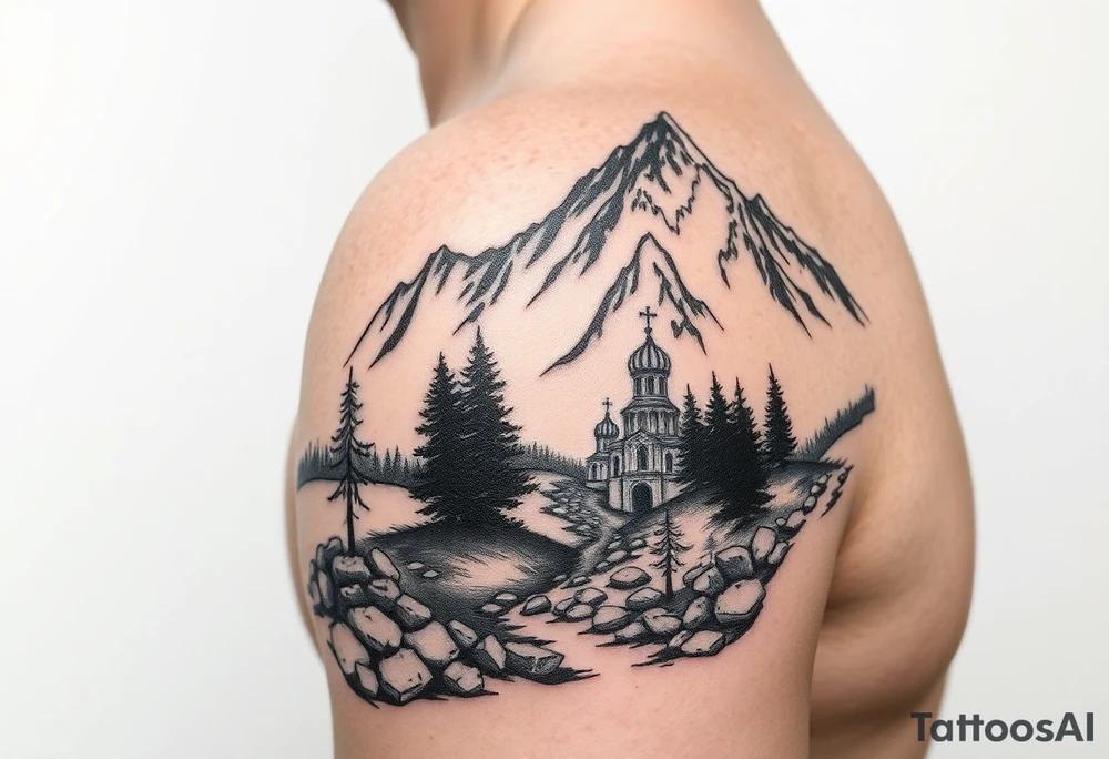 Mountainous valley with creek and a few trees with a Russian orthodox kazan scene covering my shoulder entering my upper arm tattoo idea