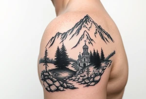 Mountainous valley with creek and a few trees with a Russian orthodox kazan scene covering my shoulder entering my upper arm tattoo idea