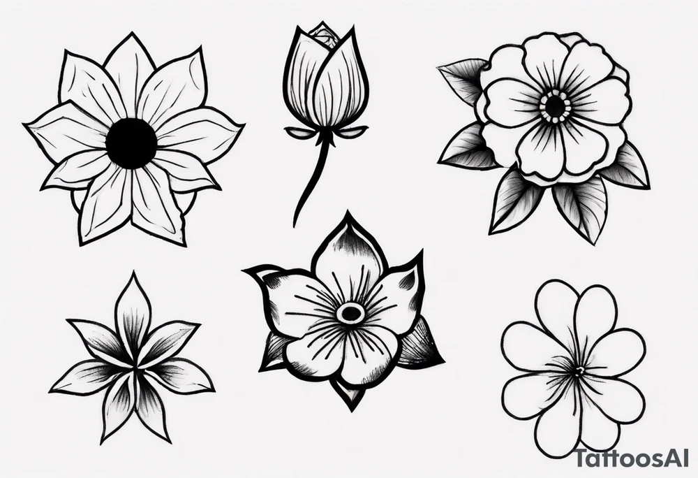 5 flower simple tattoo that has 1 October flower, 1 may flower, 1 July flower, 1 January flower, and 1 September flower tattoo idea