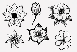 5 flower simple tattoo that has 1 October flower, 1 may flower, 1 July flower, 1 January flower, and 1 September flower tattoo idea