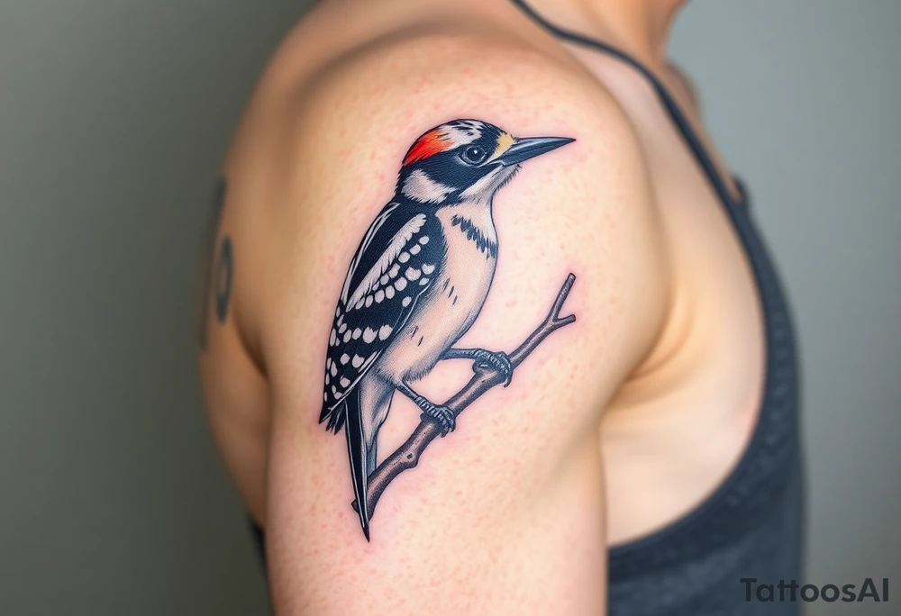 Middle spotted woodpecker sitting on a branch tattoo idea