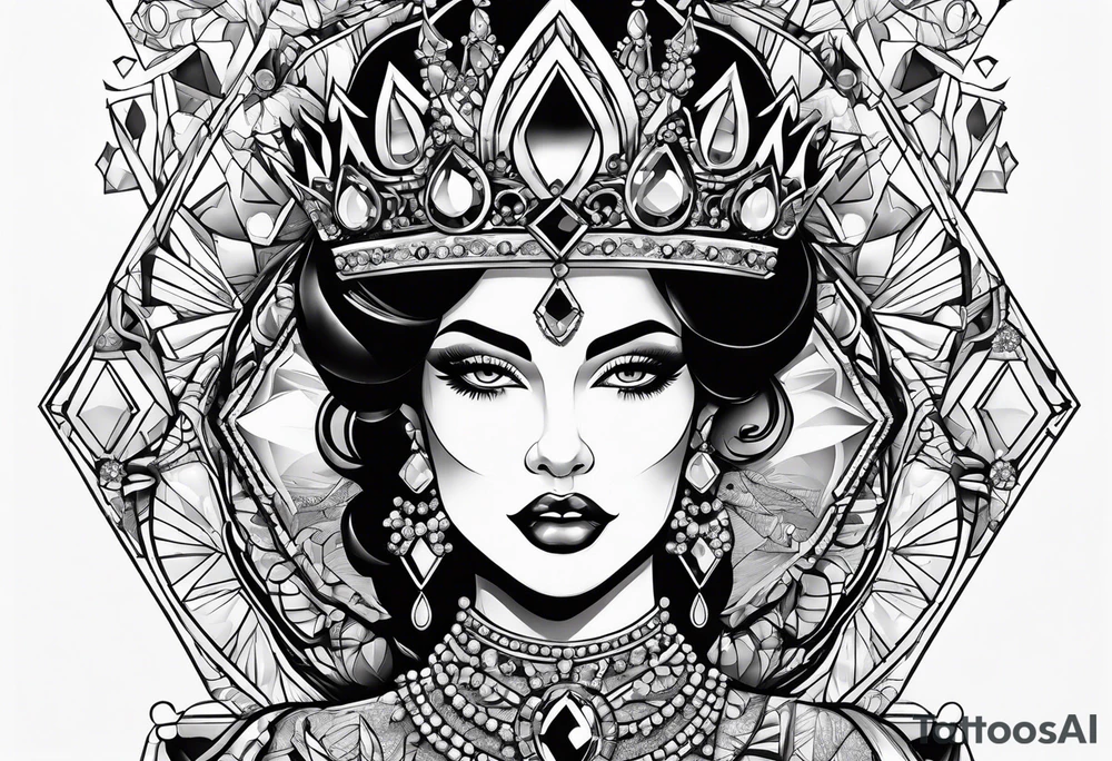 Fancy queen eating diamonds and gemstones tattoo idea