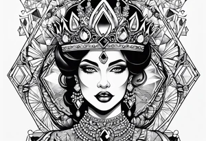 Fancy queen eating diamonds and gemstones tattoo idea