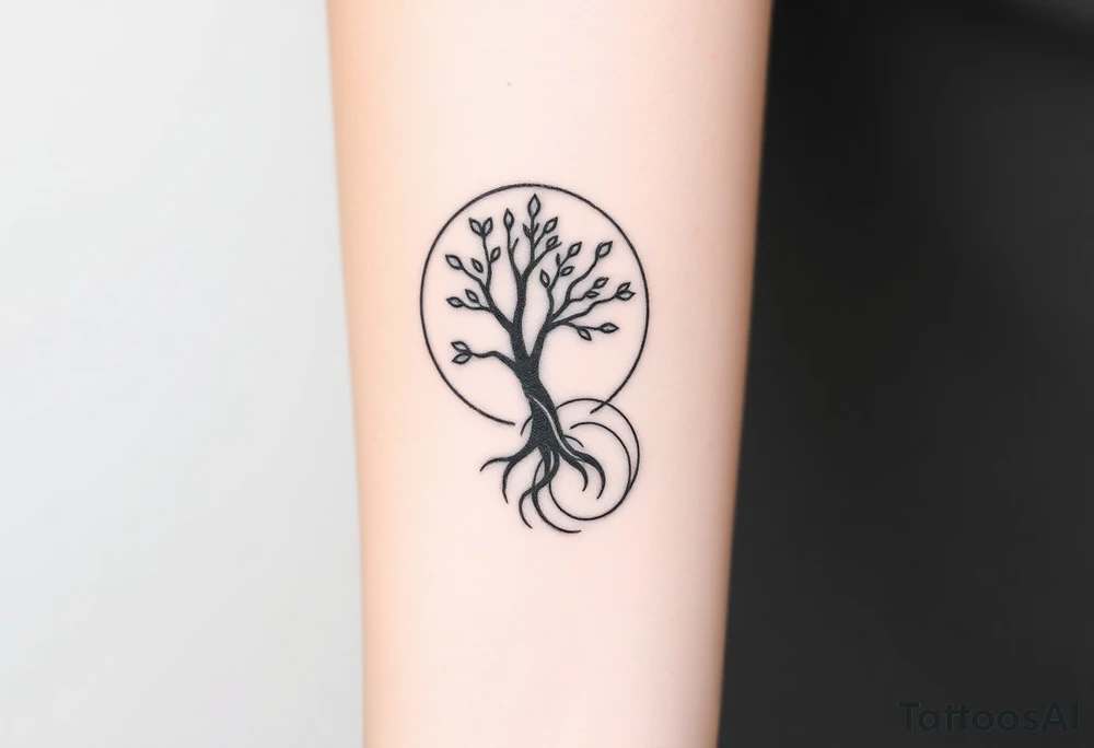 A tree inside of a sun, with few leaves, with an outward spiral line (moving to the right), as its roots, encircling the entire tree tattoo idea