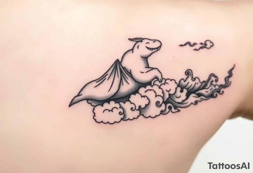 Appa (from Avatar the last airbender) flying in an arc across the upper arm.
-The sky/cloud shapes change as Appa passes over each “region”:
-mountain/clouds shaped like Ohio
-breezy, swirl-like clouds, open sky
-rolling wave-like forms, maybe trees dripping into the clouds
-sharper, flame-styled cloud edges or skyline with spark texture
-Trailing behind Appa: the element symbols (from Avatar the last airbender)  in order of earth, air, fire water, like a sky trail.
-SpongeBob Easter Egg: A tiny jellyfish or bubble-blowing SpongeBob cloud tucked subtly into the scene. tattoo idea