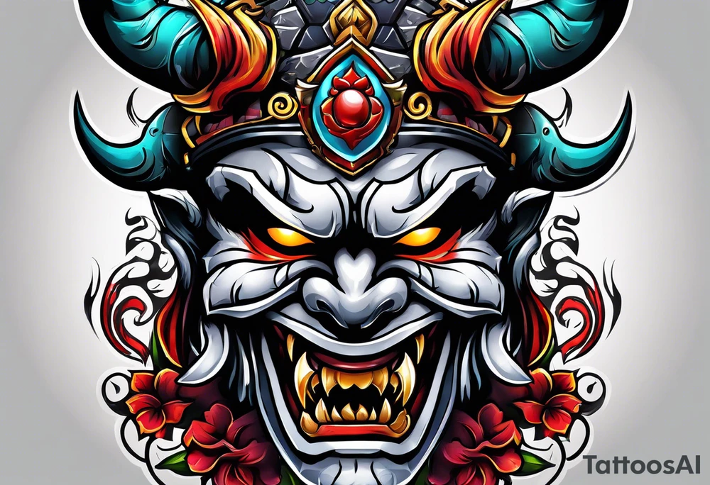 Protection against evil Oni mask tattoo idea