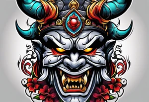 Protection against evil Oni mask tattoo idea