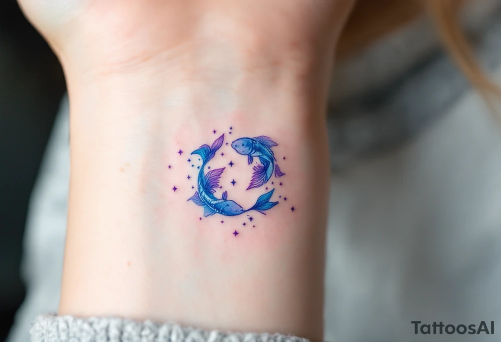 A delicate watercolor Pisces constellation tattoo in soft blues and purples symbolizes the dreamy essence of the zodiac sign. tattoo idea