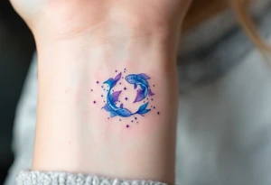 A delicate watercolor Pisces constellation tattoo in soft blues and purples symbolizes the dreamy essence of the zodiac sign. tattoo idea