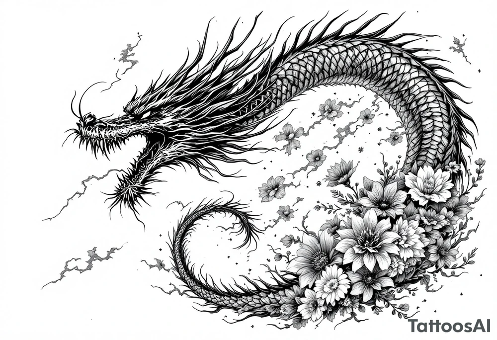 scary dragon long tail swirling with thunders and flowers as a filler tattoo idea