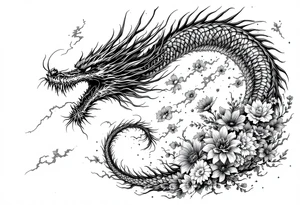 scary dragon long tail swirling with thunders and flowers as a filler tattoo idea