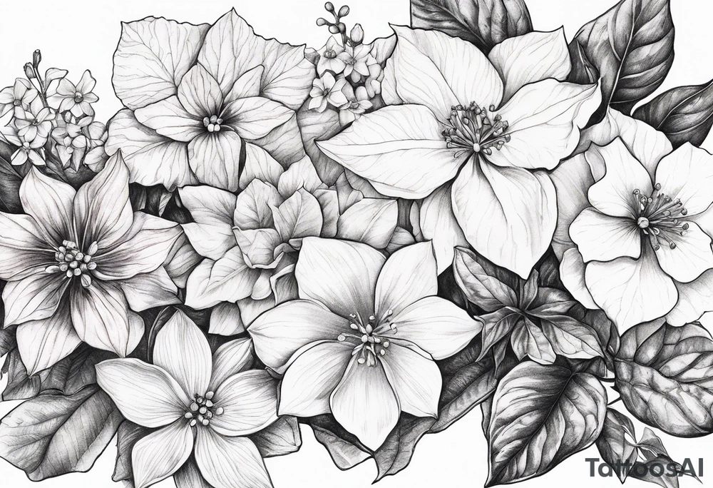 Hydrangea, Narcissus, Poinsettia, Holly, Gladiolus, Poppy, Daisy, Sweet Pea floral tattoo idea