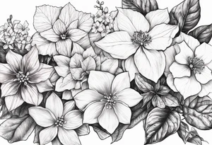 Hydrangea, Narcissus, Poinsettia, Holly, Gladiolus, Poppy, Daisy, Sweet Pea floral tattoo idea