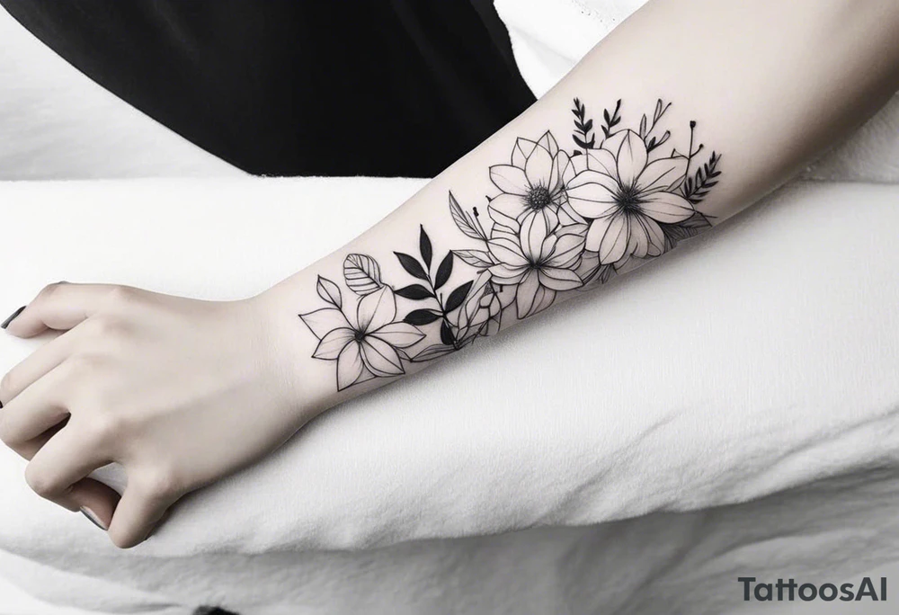 Verticle arm wrap of soft flowers and leaves forearm tattoo idea