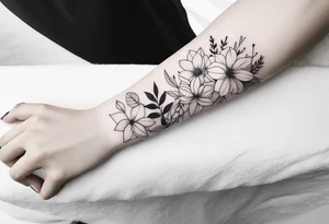 Verticle arm wrap of soft flowers and leaves forearm tattoo idea