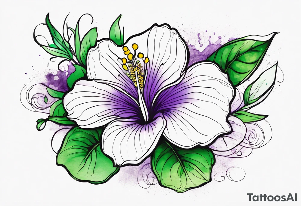 An outline of a rio dipladenia flower with a green/purple watercolor splash in the background tattoo idea