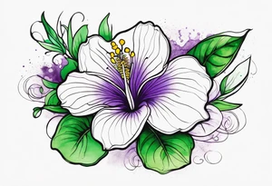 An outline of a rio dipladenia flower with a green/purple watercolor splash in the background tattoo idea
