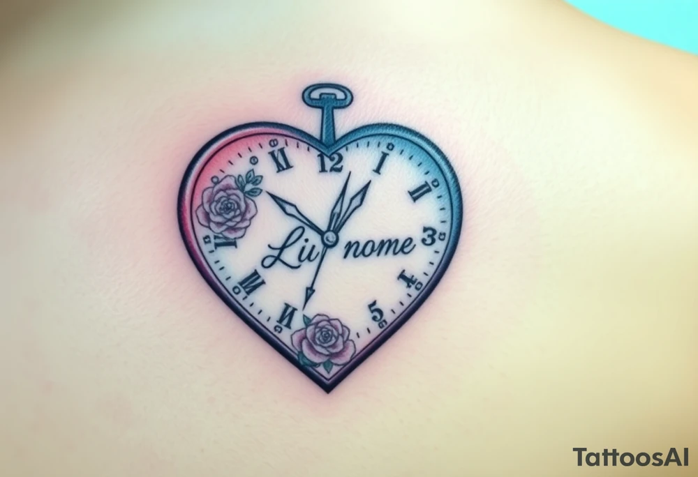 A heart-shaped clock with soft pastel pink and blue tones, featuring delicate floral engravings, with the child’s name scripted across the center tattoo idea